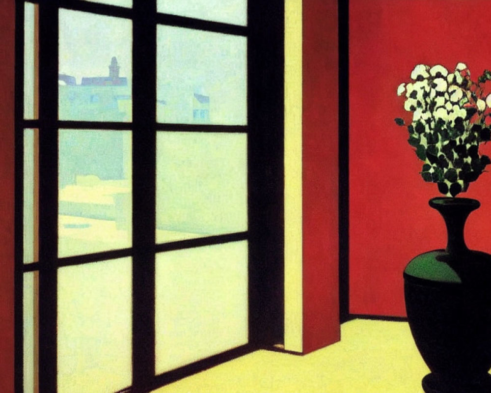 Still life painting of white flowers in vase on window ledge with cityscape view.