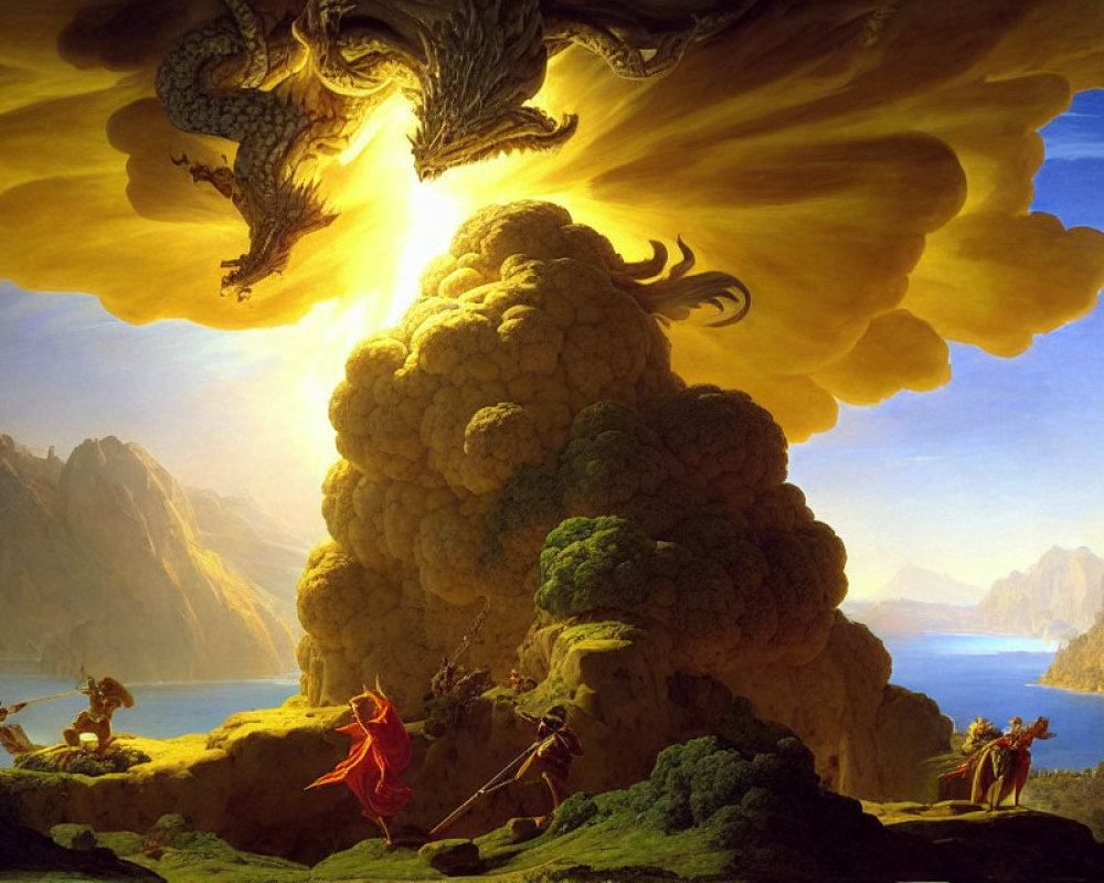 Warrior facing dragon in fiery fantasy scene with valley and mountains