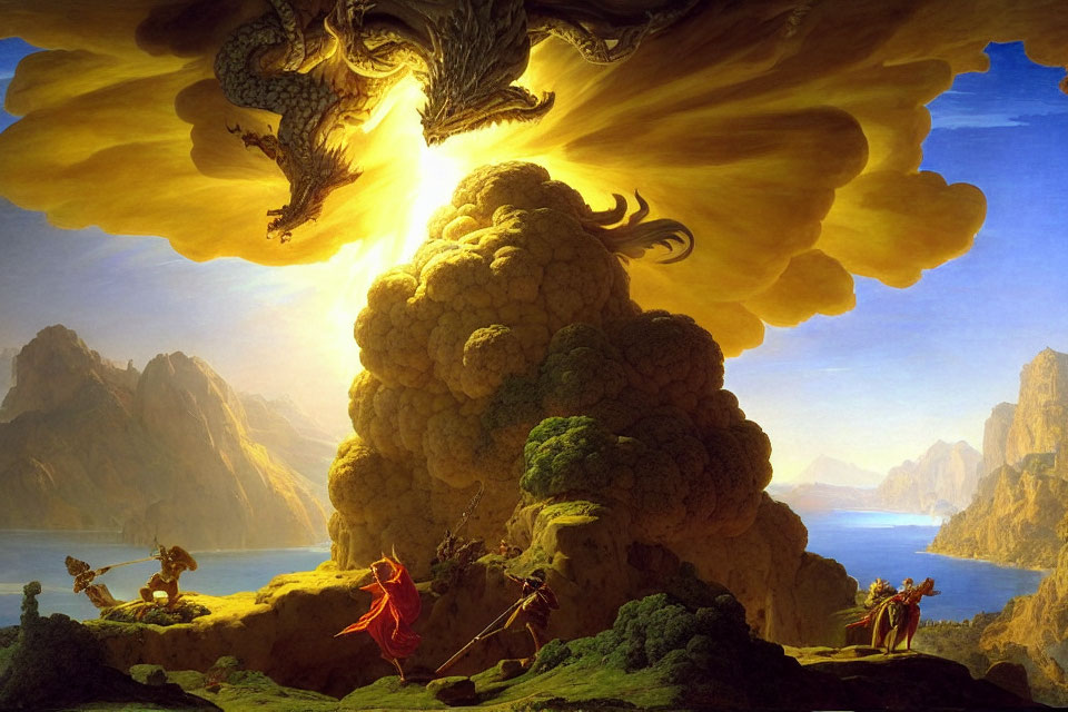 Warrior facing dragon in fiery fantasy scene with valley and mountains