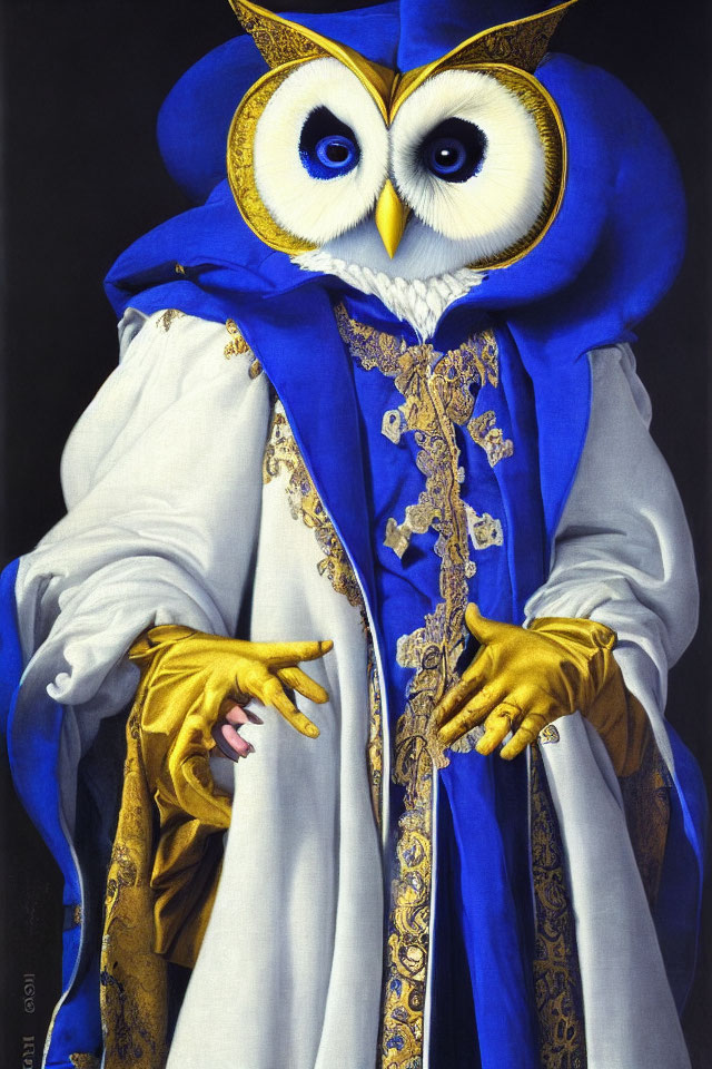 Anthropomorphic owl illustration in aristocratic attire with ruffled collar, blue & gold jacket, yellow