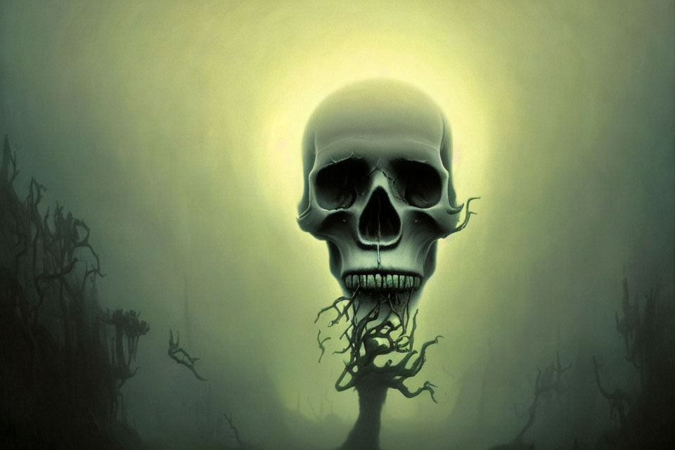 Glowing skull over misty forest with gnarled trees in eerie digital art