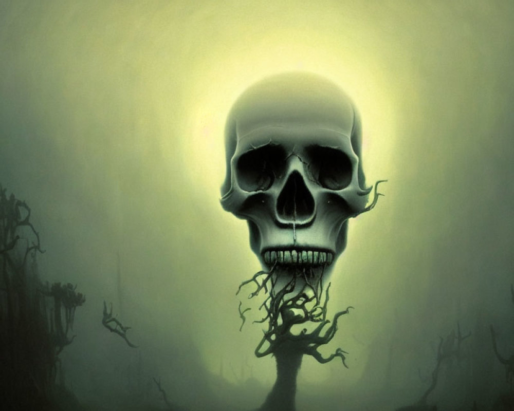 Glowing skull over misty forest with gnarled trees in eerie digital art