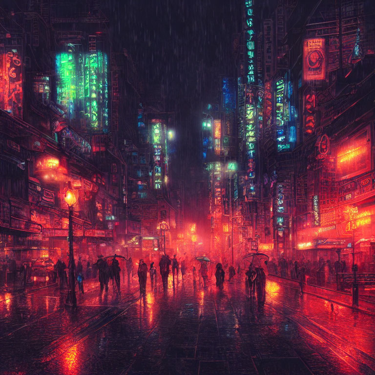 Vibrant neon-lit city street at night with people under umbrellas in the rain