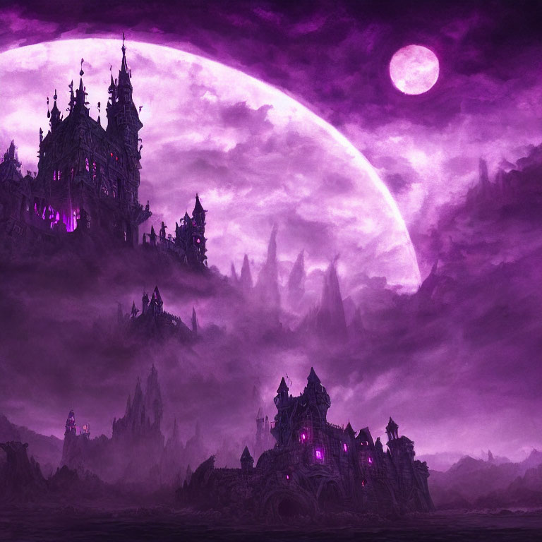 Dark fantasy castle under large purple moon on rocky backdrop.