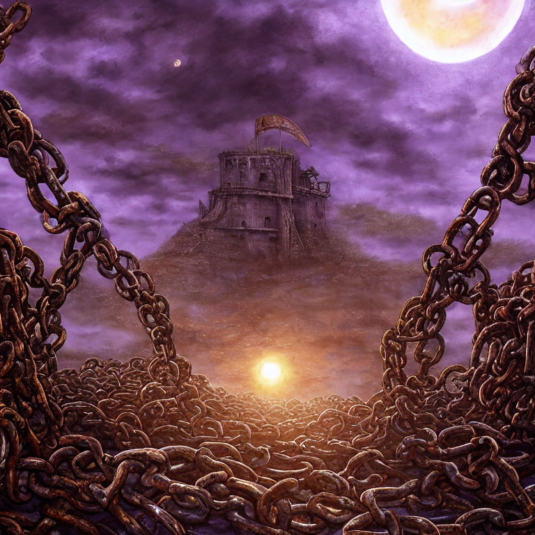 Foreboding fortress on hill with chains, purple sky, moon, and sun