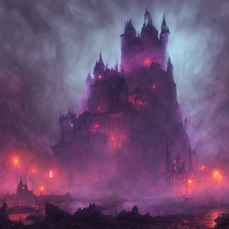 Gothic castle in mist with eerie purple lighting