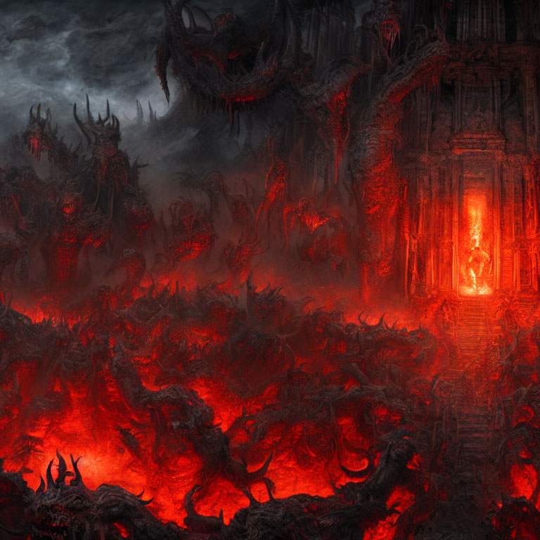 Sinister hellish landscape with fiery pits and malevolent creatures