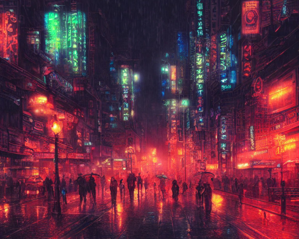 Vibrant neon-lit city street at night with people under umbrellas in the rain