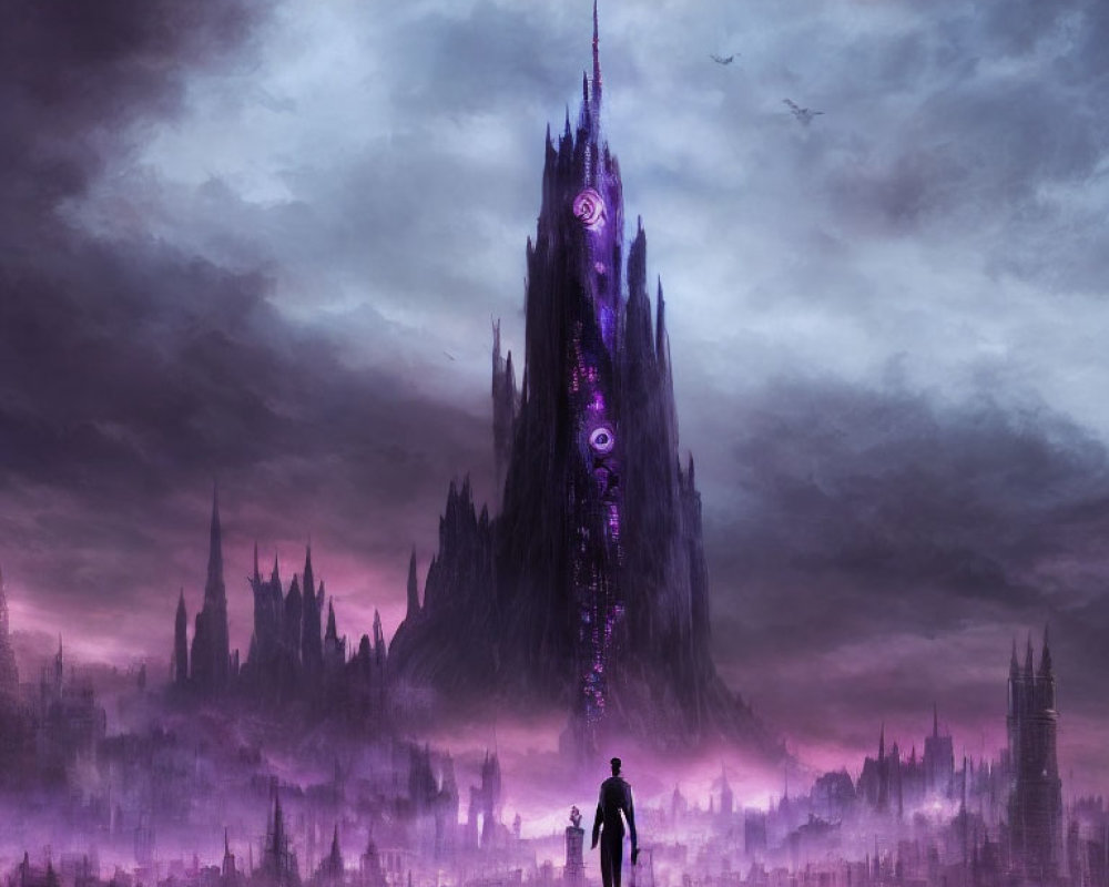 Solitary figure in front of towering gothic spire under stormy sky