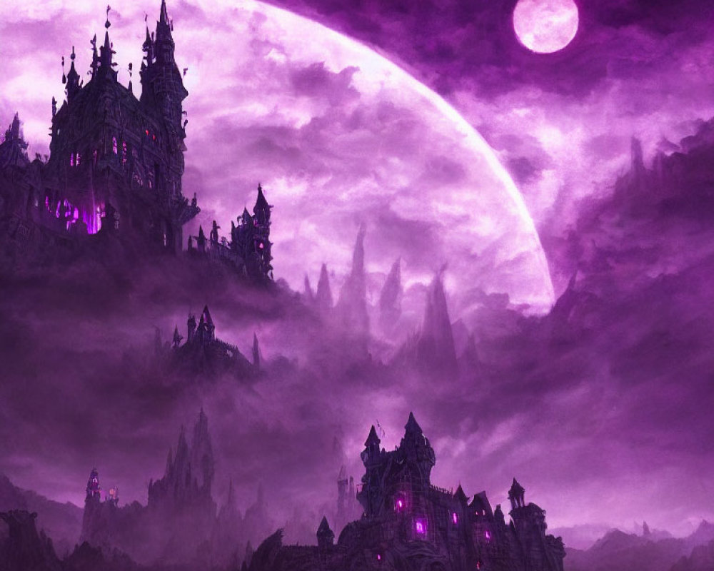 Dark fantasy castle under large purple moon on rocky backdrop.