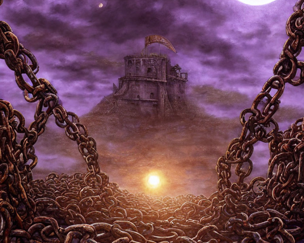 Foreboding fortress on hill with chains, purple sky, moon, and sun