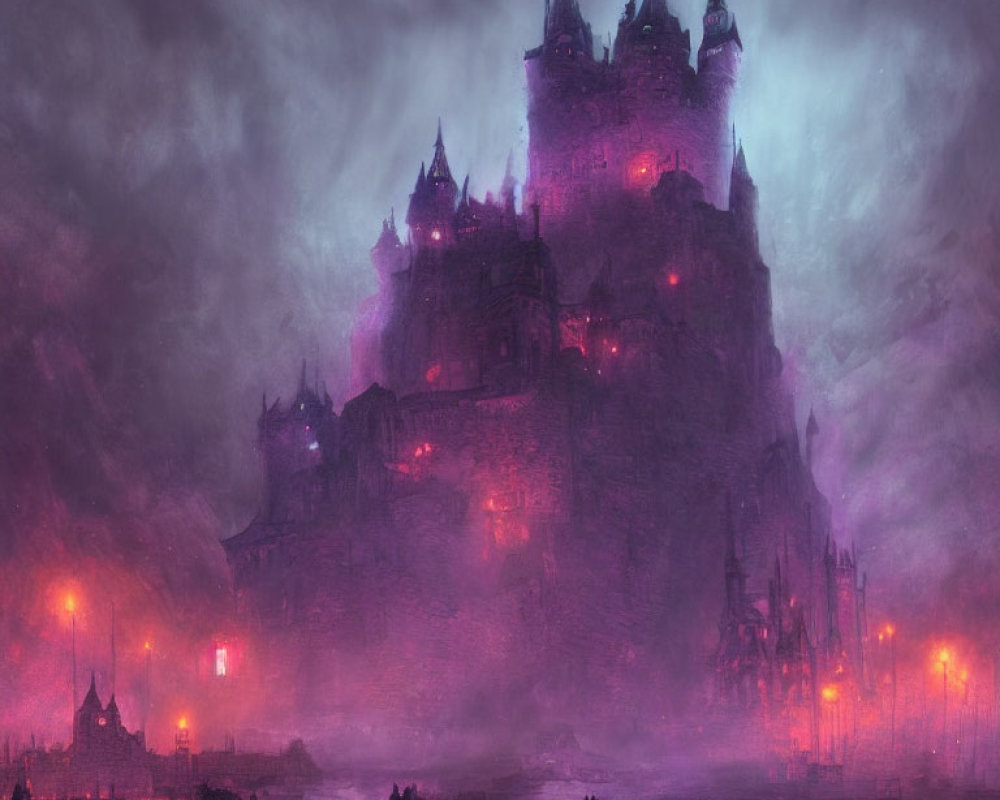 Gothic castle in mist with eerie purple lighting