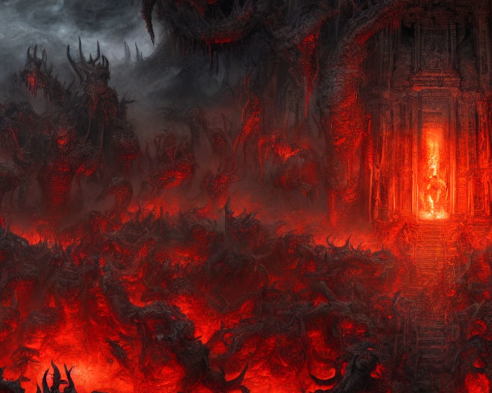 Sinister hellish landscape with fiery pits and malevolent creatures