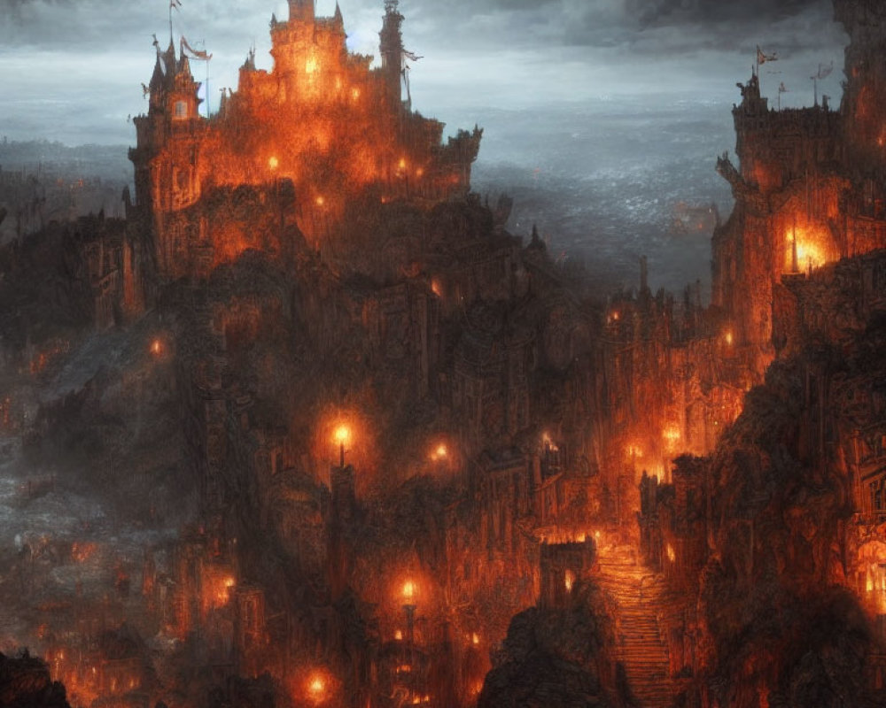 Eerie fantasy cityscape with glowing lights and towering spires