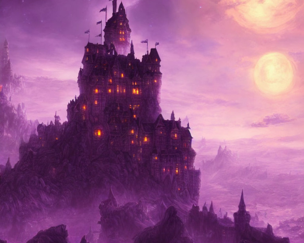 Mystical purple landscape with illuminated castle at dusk