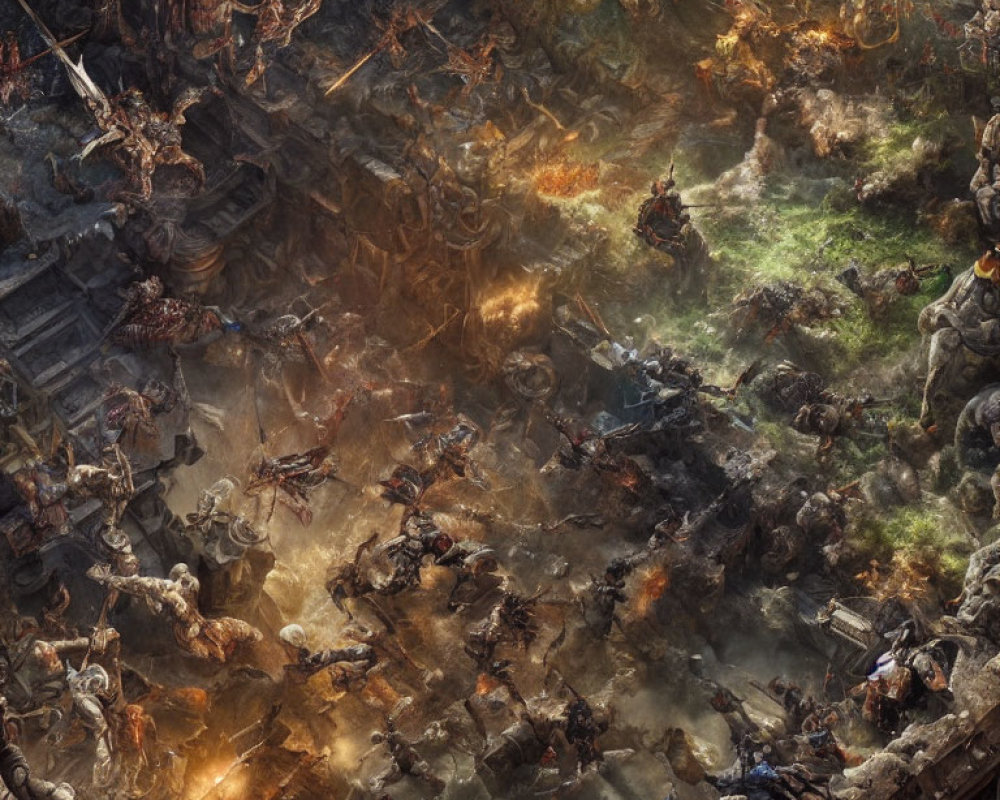 Fantasy battle scene with warriors, ruins, explosions