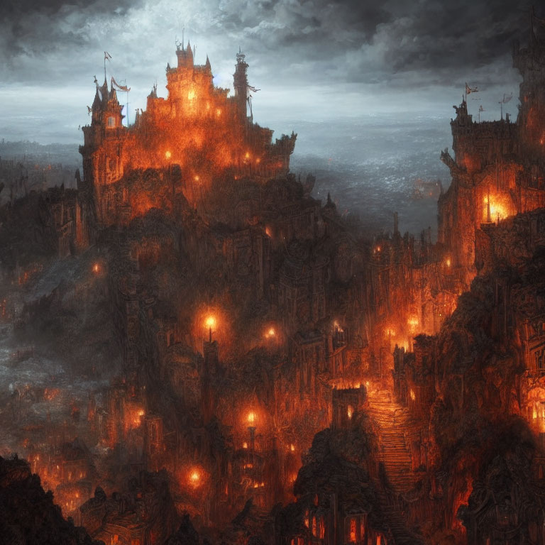 Eerie fantasy cityscape with glowing lights and towering spires