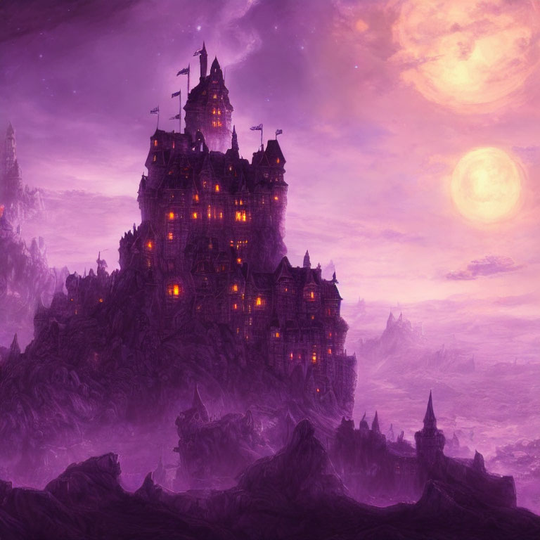 Mystical purple landscape with illuminated castle at dusk