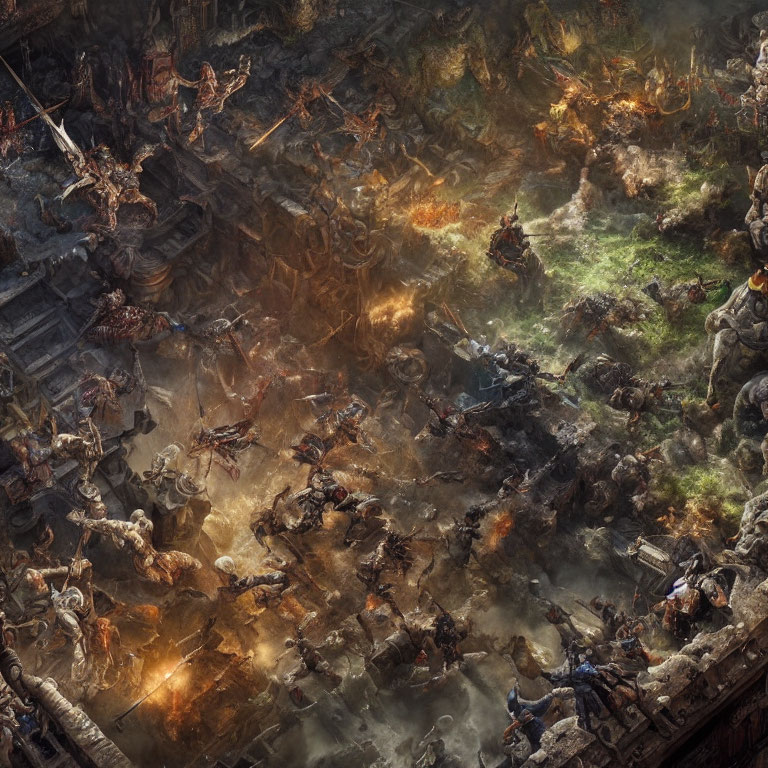 Fantasy battle scene with warriors, ruins, explosions