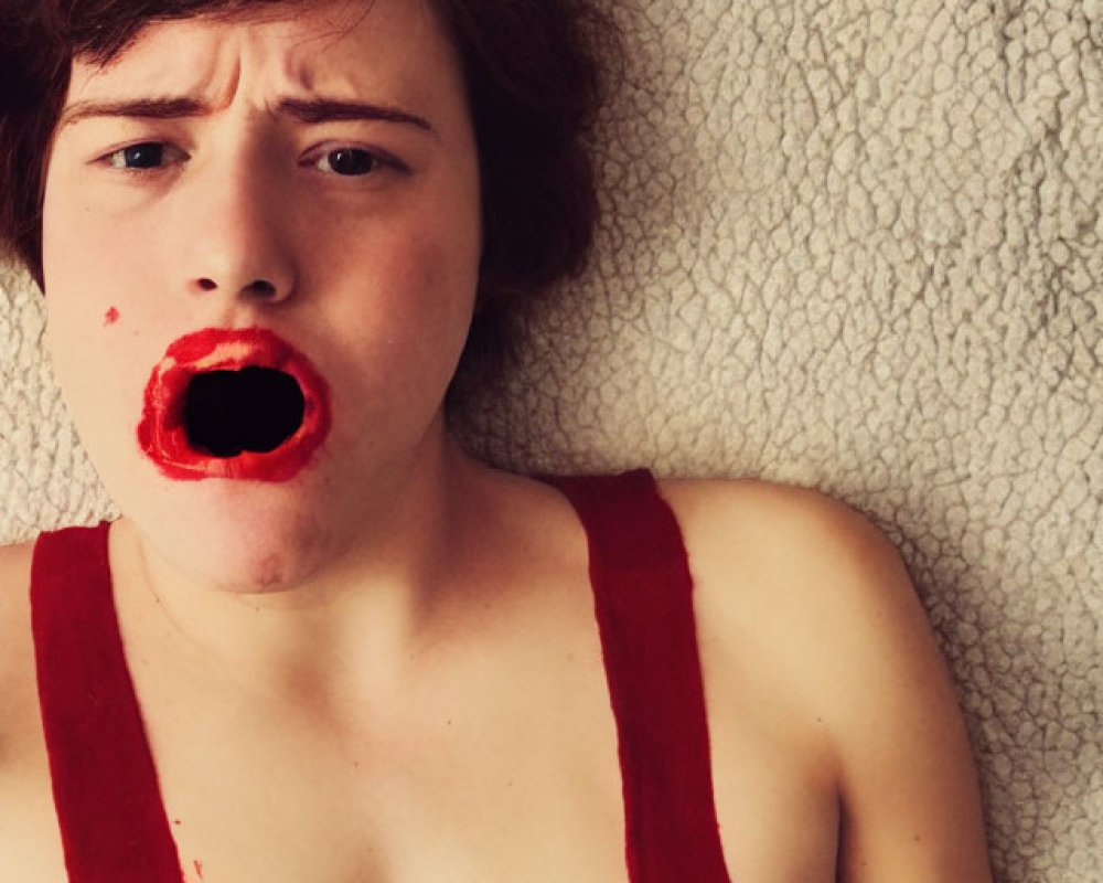 Person with shocked expression in red top and smeared lipstick