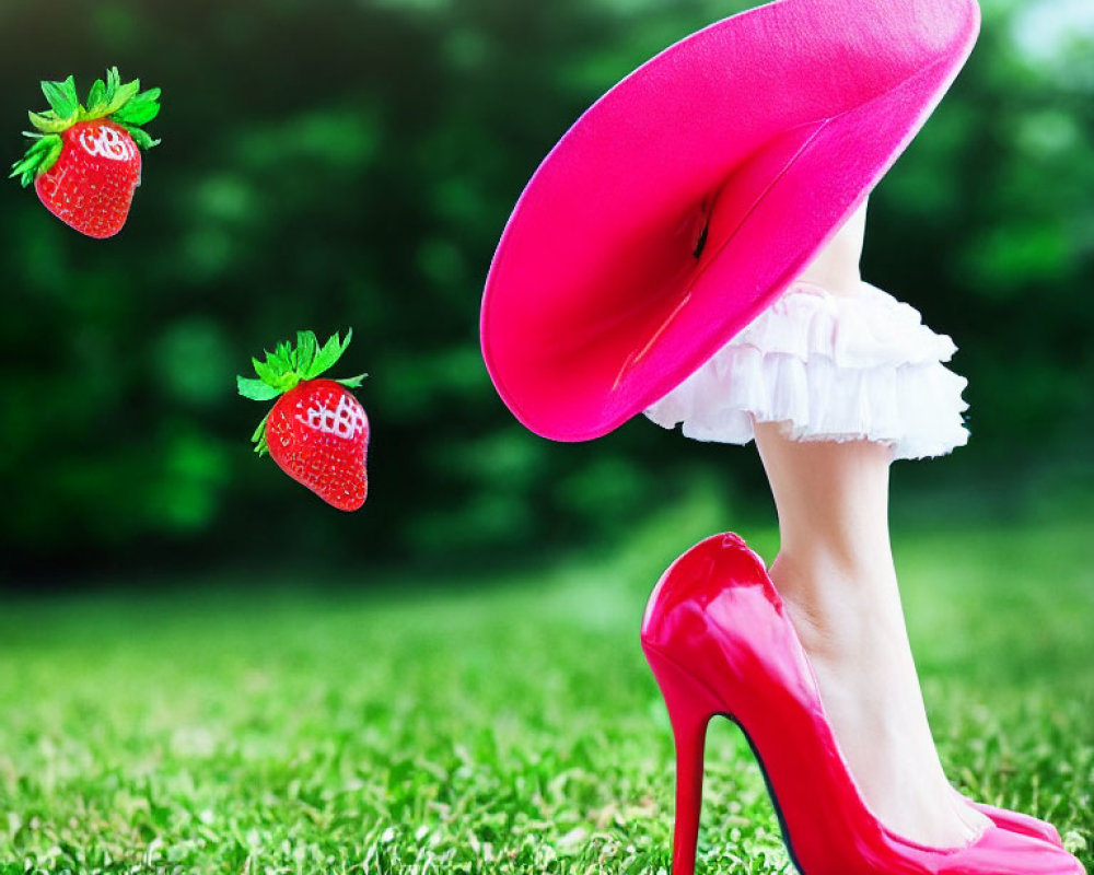 Colorful Image of Person in Red Shoes and Pink Hat with Strawberries on Green Background