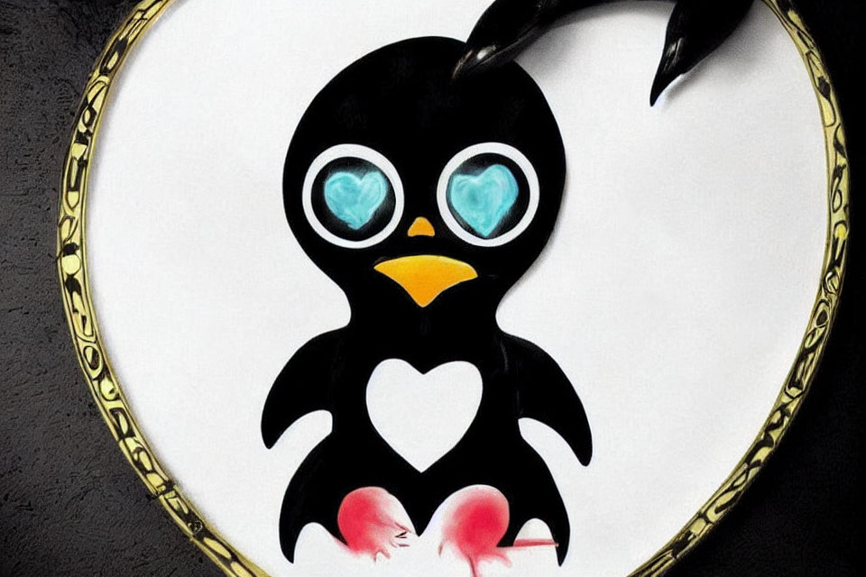 Adorable penguin cartoon with heart-shaped body and frame