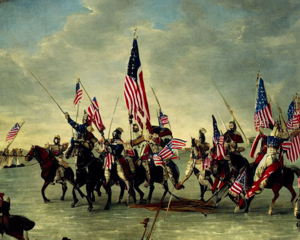 Historic painting of cavalry procession with American flags.