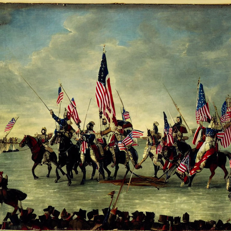 Historic painting of cavalry procession with American flags.