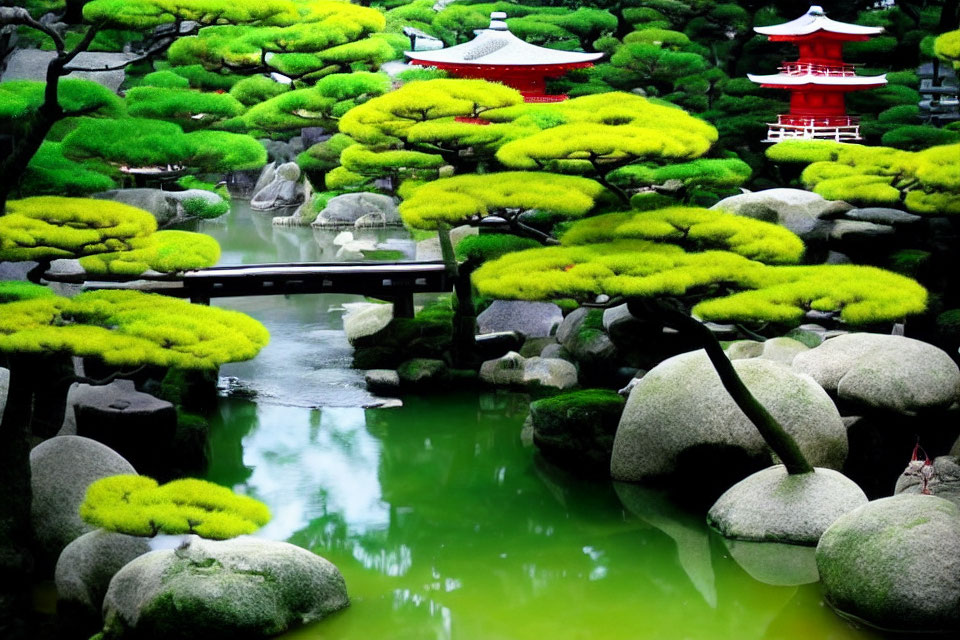 Lush Japanese garden with pond, bridge, stones & red pagoda