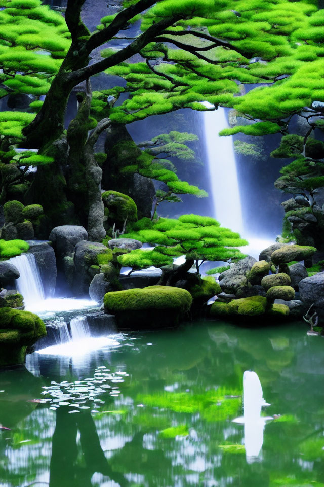 Tranquil waterfall scene with lush greenery and moss-covered rocks