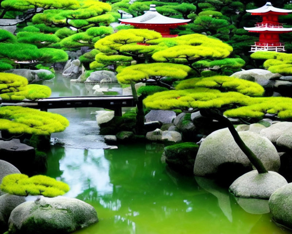 Lush Japanese garden with pond, bridge, stones & red pagoda