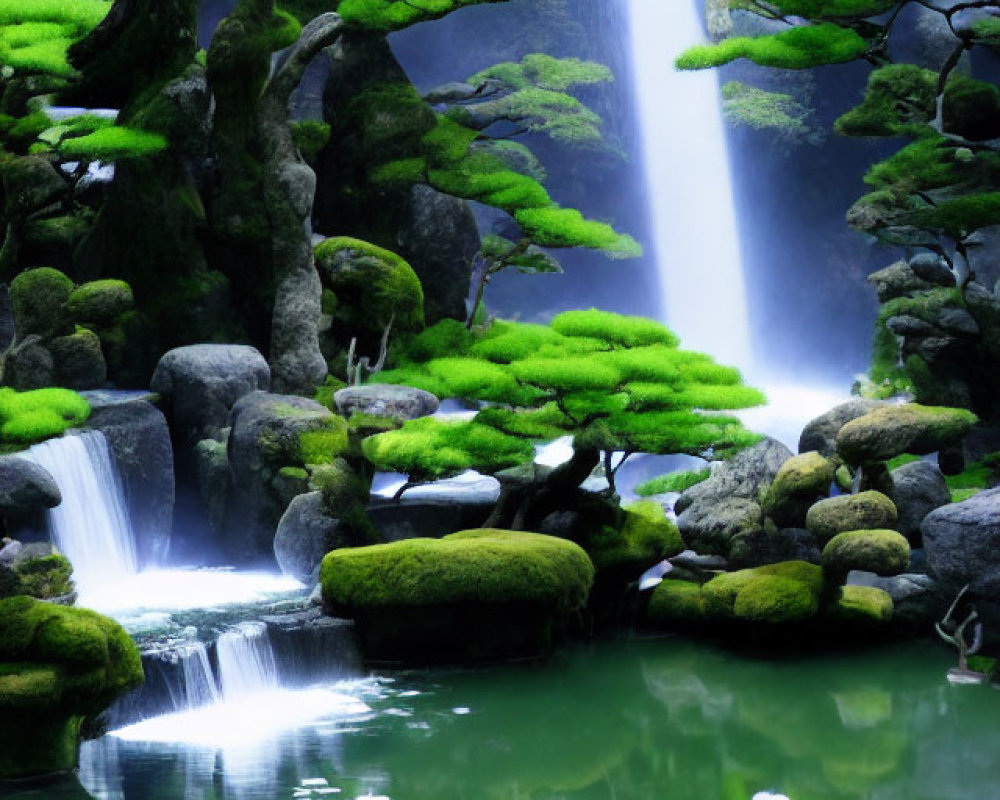 Tranquil waterfall scene with lush greenery and moss-covered rocks