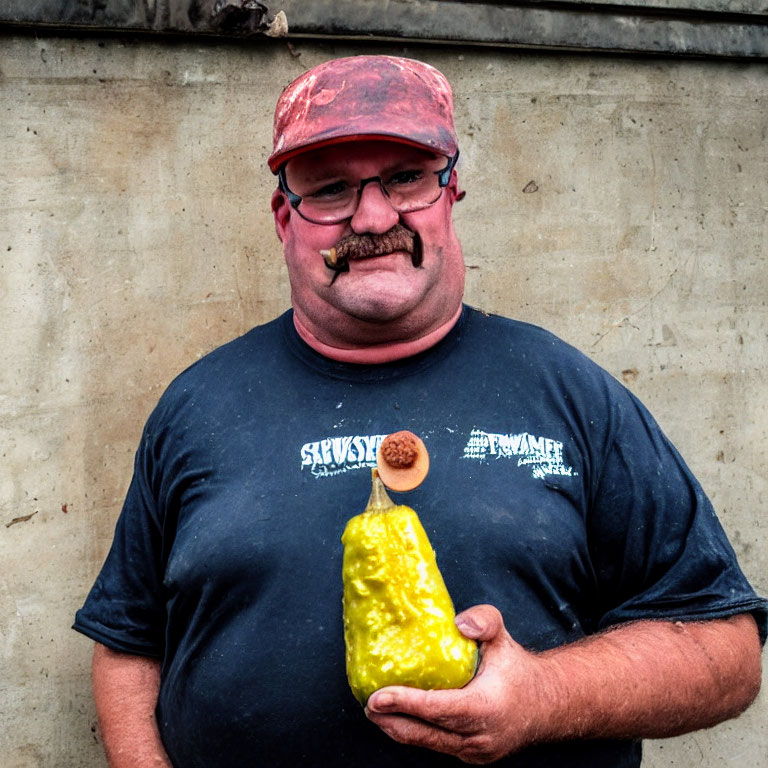 Smiling man in cap with mustache holding yellow squash