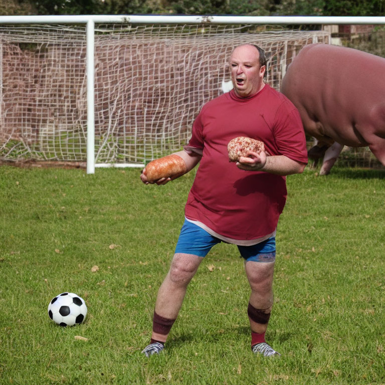 Man in red t-shirt and blue shorts holding sub sandwich, surprised expression, with soccer ball and goal