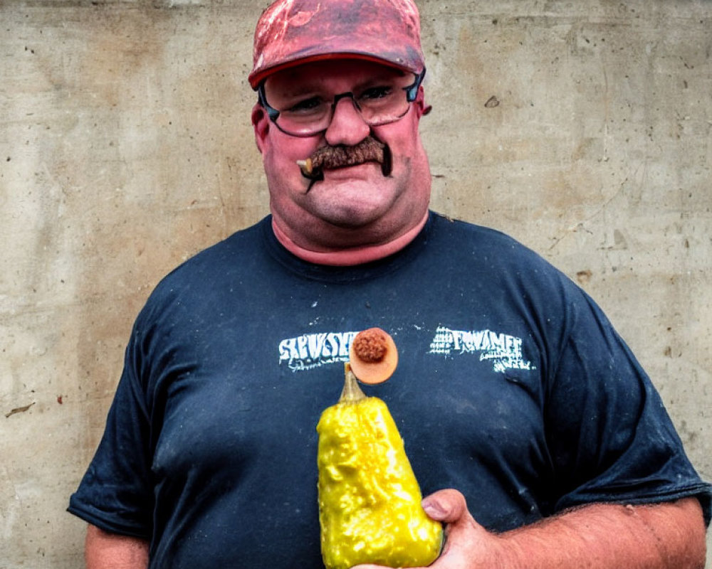 Smiling man in cap with mustache holding yellow squash
