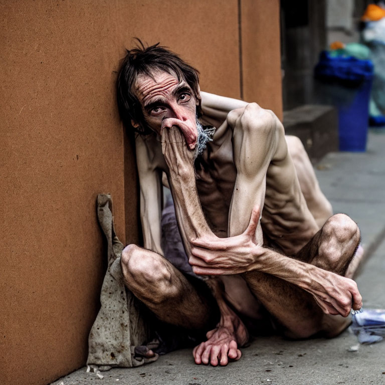 Man sitting on ground by wall, looking distressed and disheveled