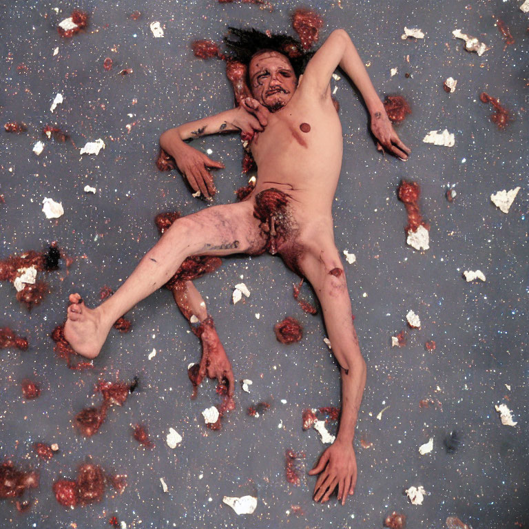 Person covered in blood and debris on cosmic background