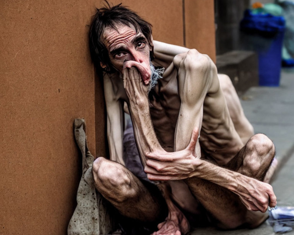 Man sitting on ground by wall, looking distressed and disheveled