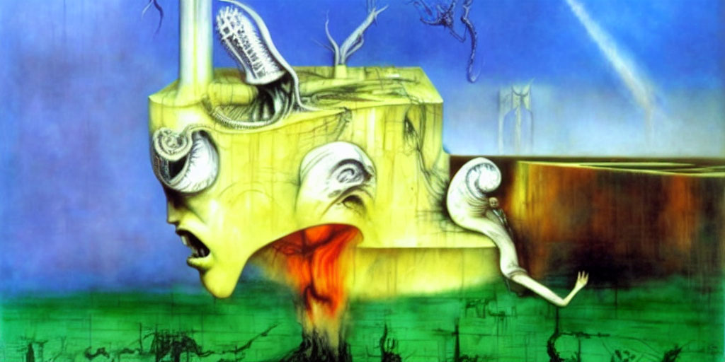 Surreal artwork: Melting yellow cube with tentacle-like protrusions under blue sky