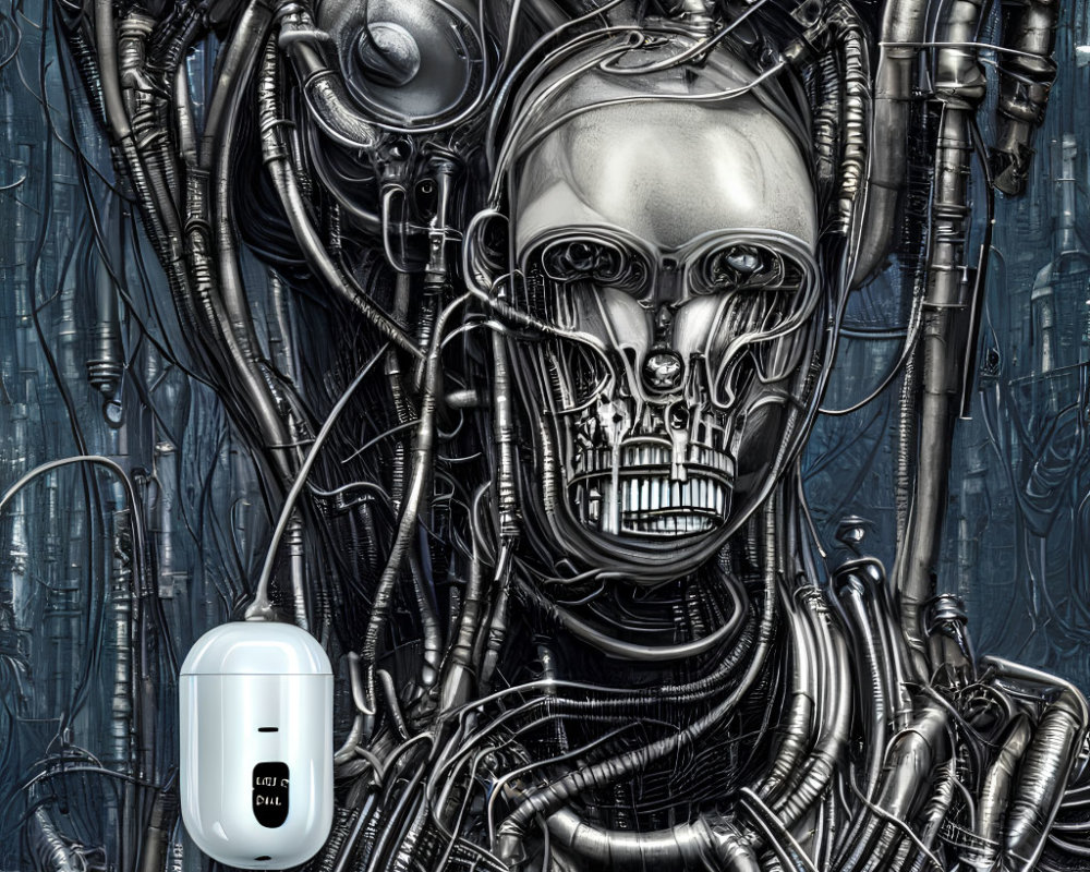 Detailed Cybernetic Being with Human Skull and Mechanical Parts Illustration