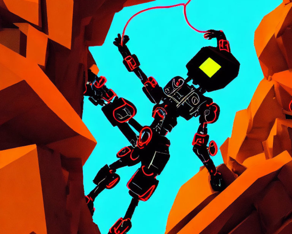 Stylized robot with square head among orange cliffs on blue sky background