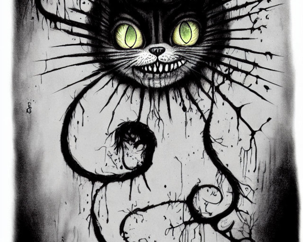 Spooky wide-eyed cat illustration with sharp teeth on dark background