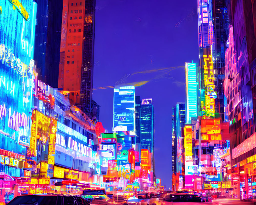 Night Cityscape with Neon Lights and Busy Street Traffic