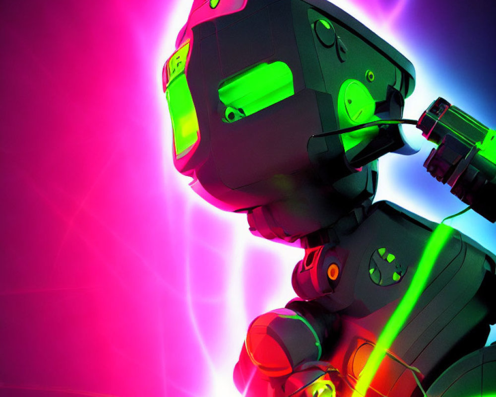 Colorful Stylized Robot Head with Glowing Green Eyes on Pink and Purple Background