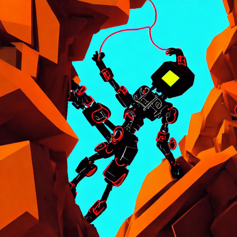 Stylized robot with square head among orange cliffs on blue sky background