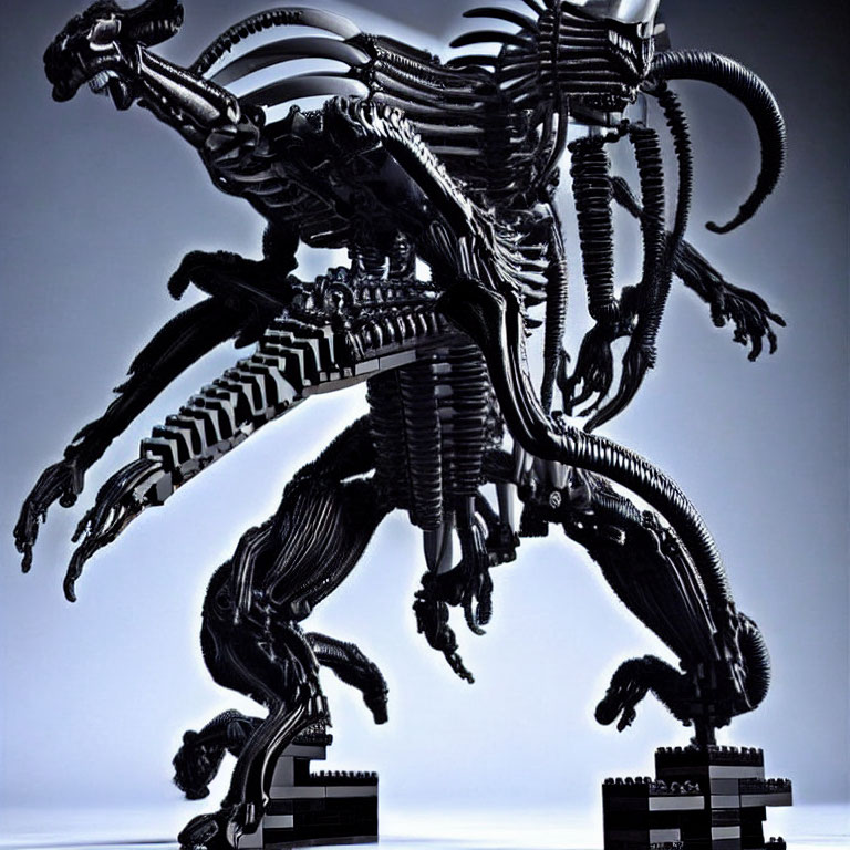 Detailed Alien Xenomorph Model with Sharp Claws and Tail on Blue Background