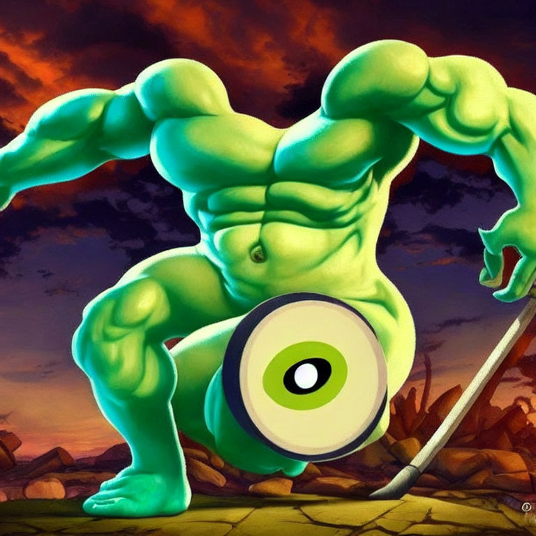 Muscular green animated character with shield and spear in fiery sky.