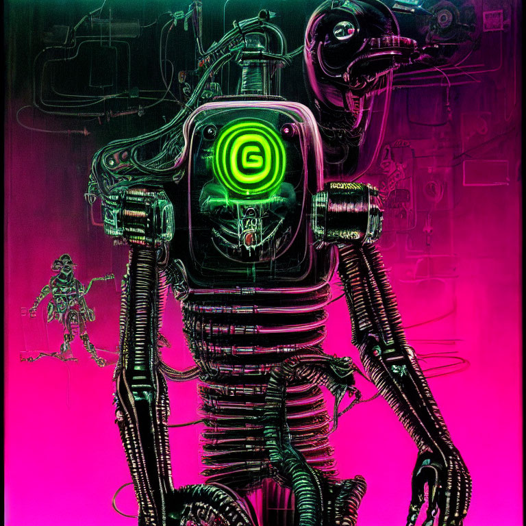 Futuristic cybernetic robot with glowing green elements and intricate wiring on neon pink and green backdrop