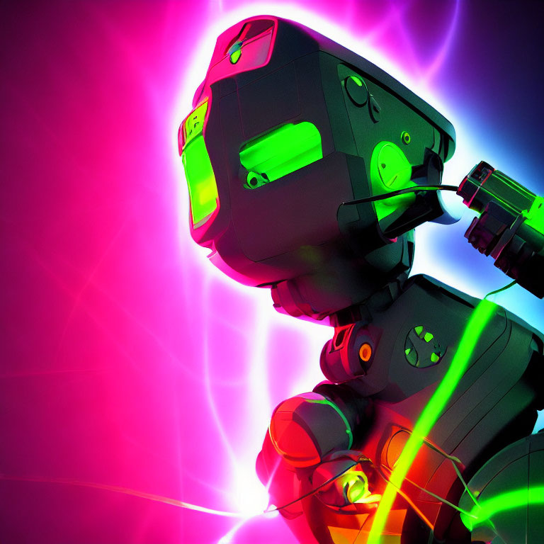 Colorful Stylized Robot Head with Glowing Green Eyes on Pink and Purple Background