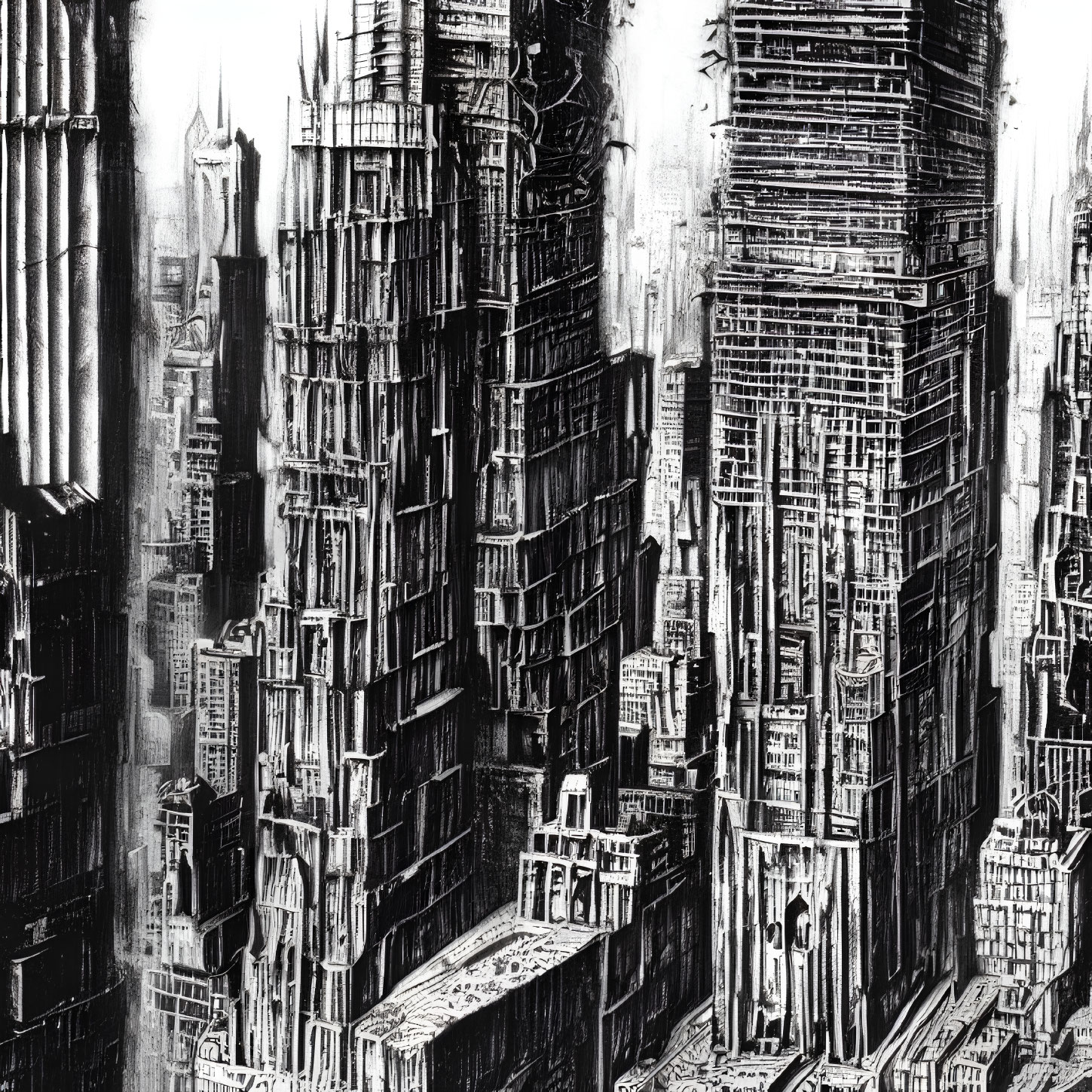 Monochrome image of dense, towering skyscrapers in dystopian-like setting